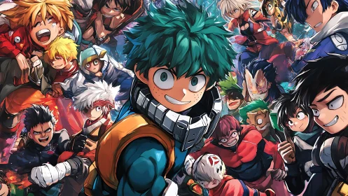 Dynamic anime hero ensemble in high-energy battle layout