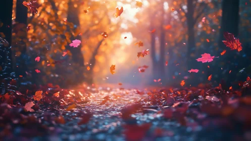 Autumn leaves swirl along a sunlit forest path in bokeh haze