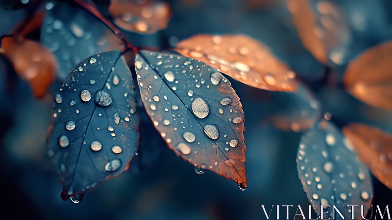 Macro dew-covered leaves display cool&ndash;warm chromatic contrast