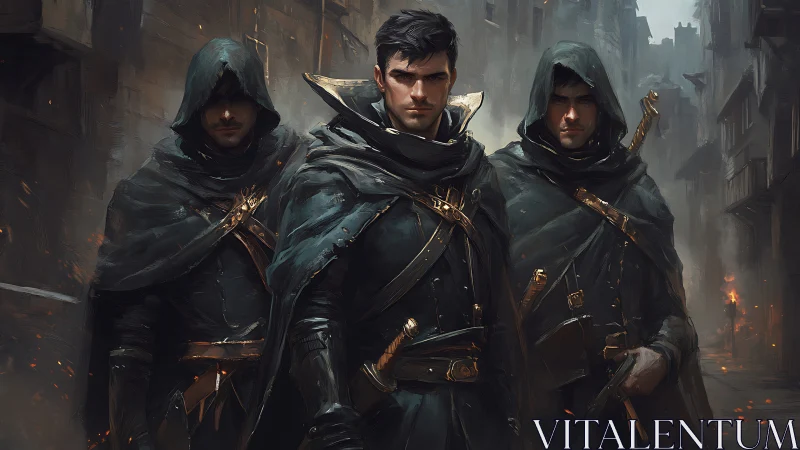 Midnight rogues stalking ember-lit alleys of a broken city.