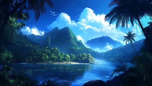 Tropical Fjord Valley with Mountain Range and Crystalline Waters.