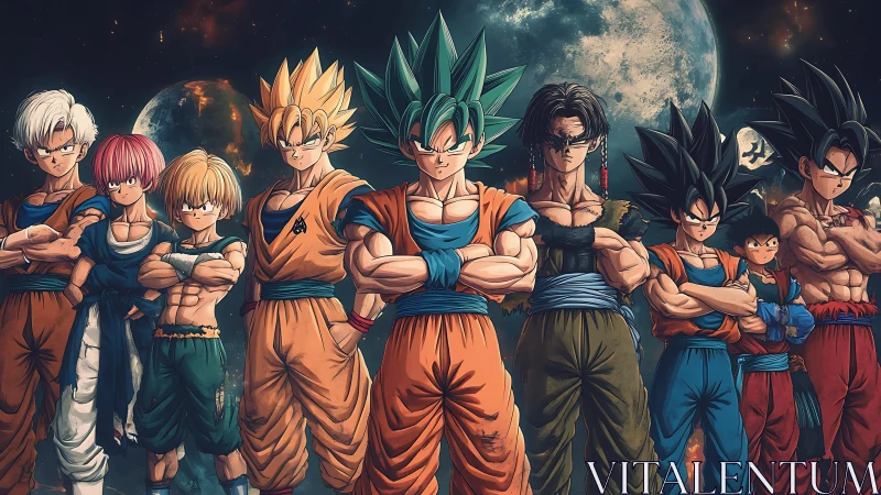 Dragon Ball Z warriors lined up in front of moonlit space.