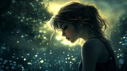 Moonlit wildflowers hush while the dreaming girl remembers