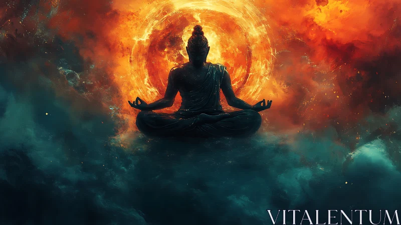 Serene meditating figure glowing within cosmic fire halo.