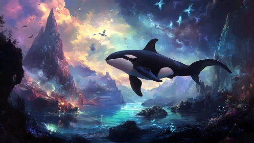 Levitating orca traverses iridescent fantasy fjord at dusk