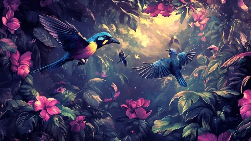 Colorful jungle birds dancing through glowing rainforest light.