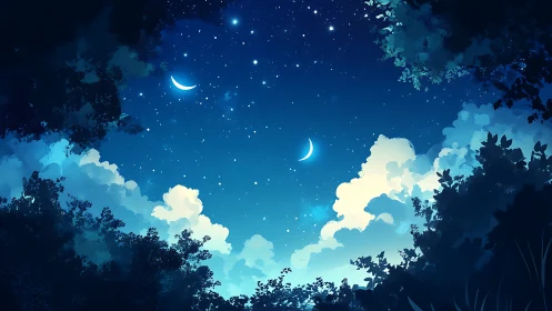 Dual crescent moons illuminate stylized nocturnal forest sky