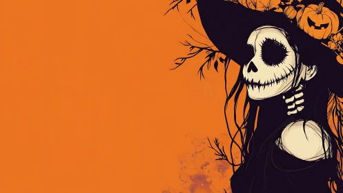 Stylized Halloween witch portrait on vivid orange ground.