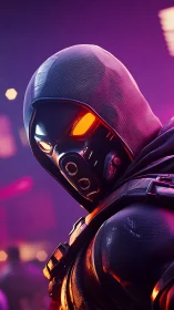 Neon vigilante studies the crowd through molten orange optics