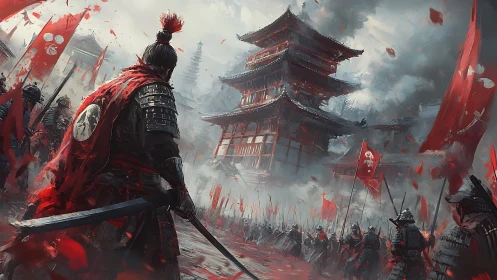 Samurai commander before burning pagoda in crimson storm.