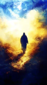 Lone robed figure walks radiant path toward blazing sky.
