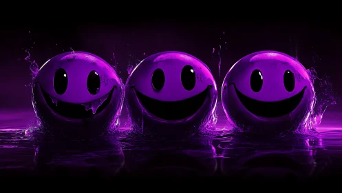 Three glossy purple smiley spheres emerge from dark liquid