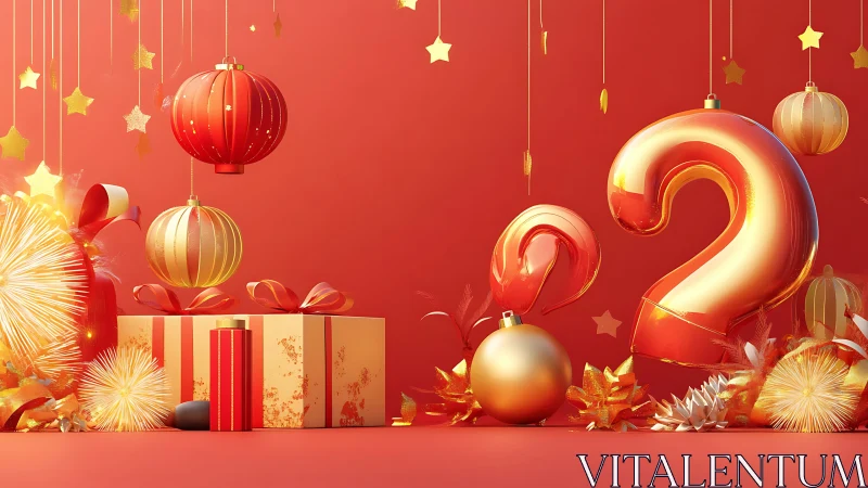 Luminous red holiday render with metallic numerals and lanterns.