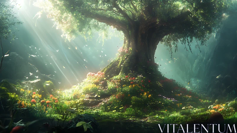 Majestic Ancient Tree in Enchanted Forest, Dreamlike Fantasy Art.