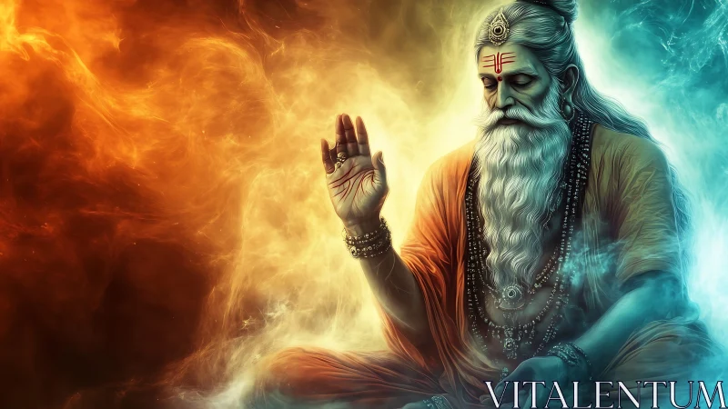 Digital sage in meditative posture amidst dual chromatic auras