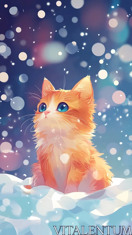Orange feline subject in snow environment with bokeh backdrop.