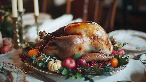 Photorealistic roast turkey centerpiece on garnished holiday table.