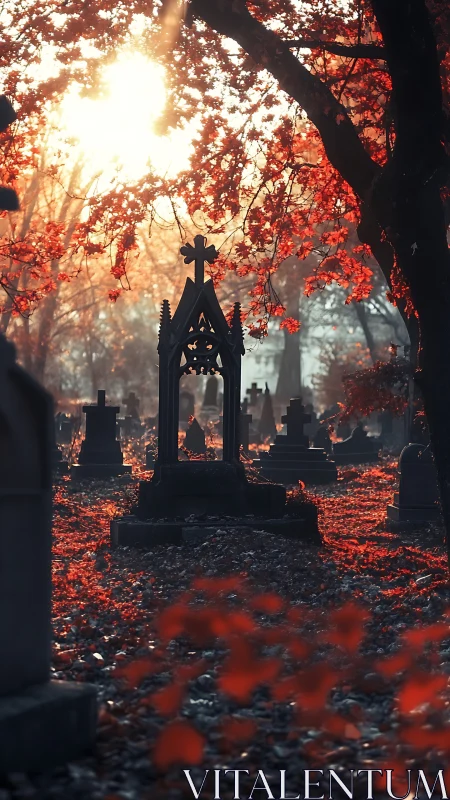 Autumn sunfire over solemn graves in a crimson-leafed hush.