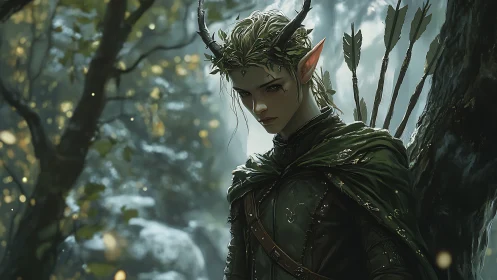 Elven ranger in rain-soaked forest rendered as digital painting