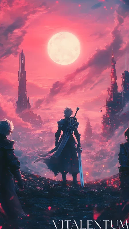 Swordbearer before crimson moon over ruined citadel.