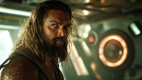 Brooding warrior in high-tech chamber glares with intensity.