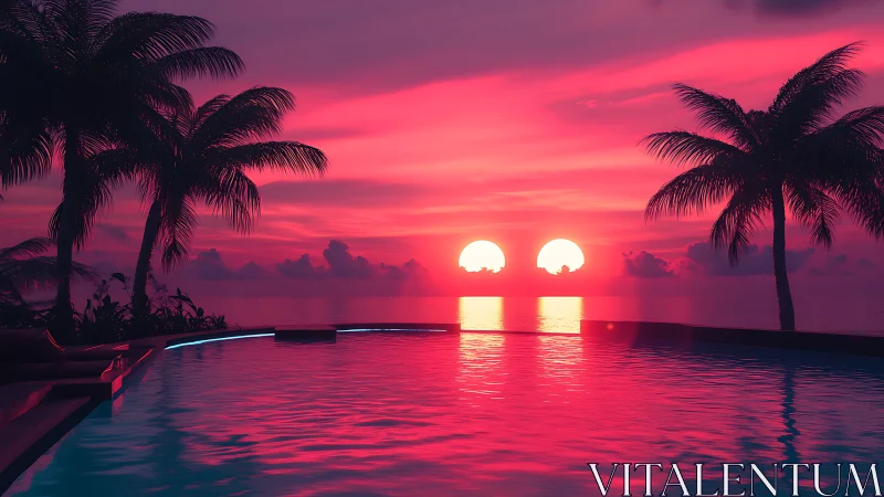 Neon tropical pool at sunset with twin glowing suns.