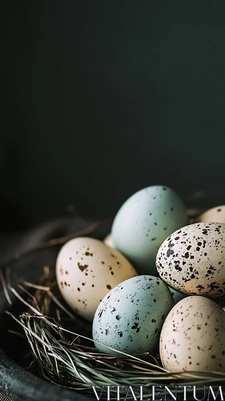 Speckled pastel eggs cradle quiet secrets in a rustic nest.