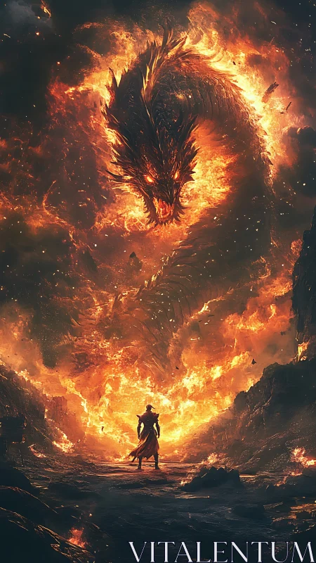 Lone warrior confronts colossal dragon in molten inferno.