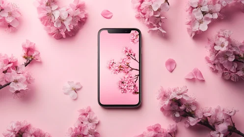 Smartphone Display Surrounded by Pink Floral Elements.