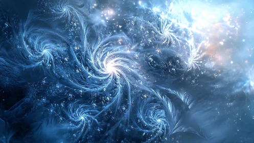 Icy blue fractal vortexes in luminous swirling motion.
