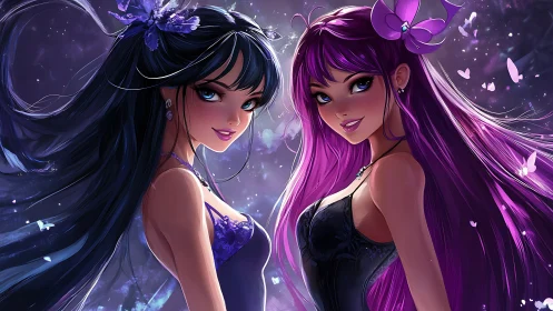 Midnight sisters glow with magic in soft violet starlight