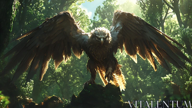 Majestic Fantasy Griffin in Sunlit Enchanted Forest, Digital Art.
