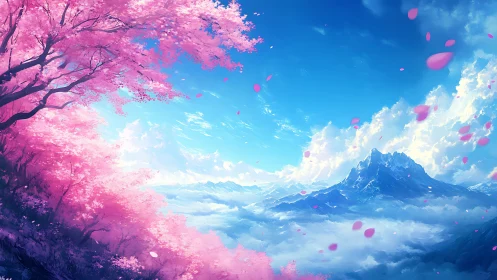 Vibrant cherry blossom ridge overlooks distant alpine summit