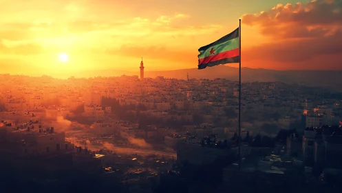 Sunlit urban skyline with tricolor flag over hazy cityscape.