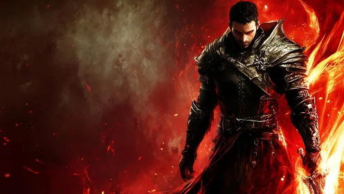 Armored dark warrior engulfed by dynamic infernal flames