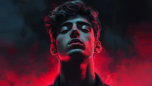 Young man in dramatic red and blue digital portrait.