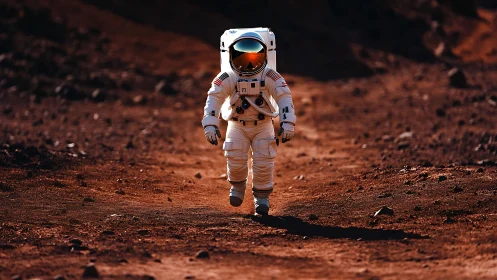 Astronaut strides across sunlit Martian dust plain alone.