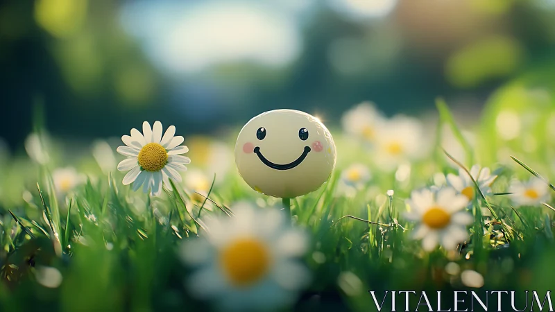 Smiling emoji garden orb amid dewy daisies at sunrise.