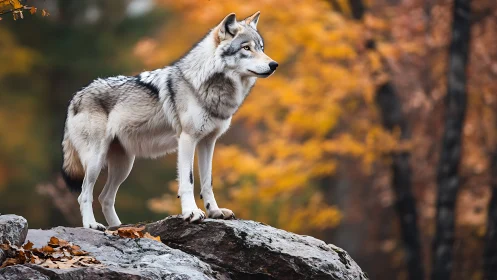 Timber wolf on granite outcrop in soft autumn forest bokeh