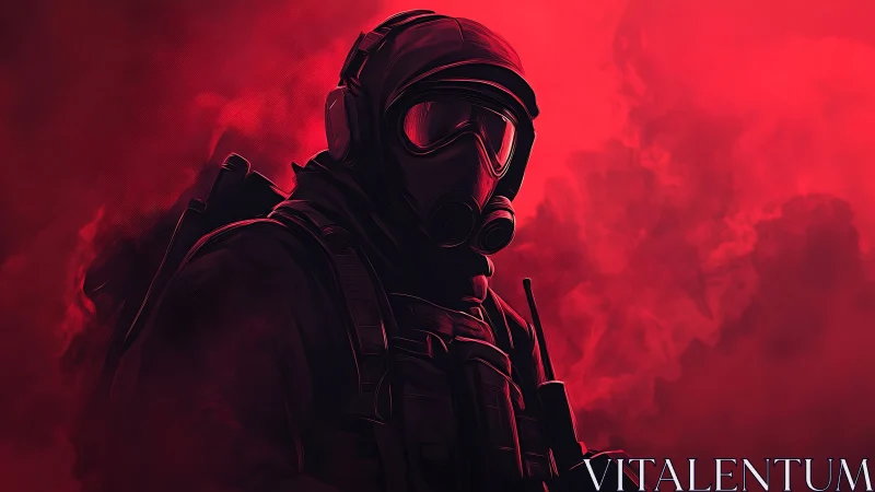 Armored figure in respirator gear stands within dense red smoke