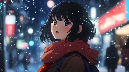Nocturnal snowfall with anime girl in illuminated cityscape.