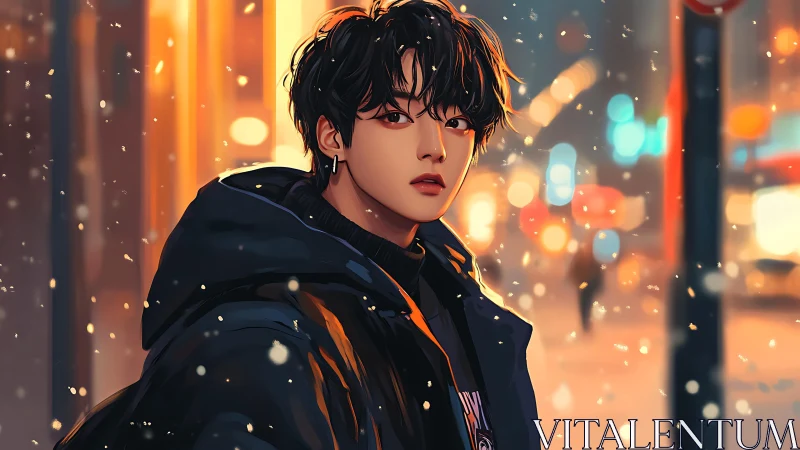 Stylized winter street portrait uses warm bokeh contrast effectively