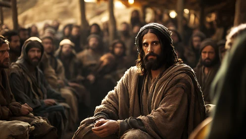 Biblical teacher seated among disciples in warm desert light.