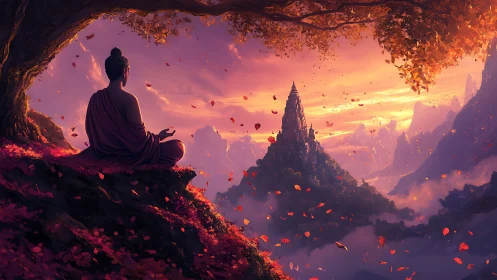 Twilight monastery drifts in petals as the monk listens inward