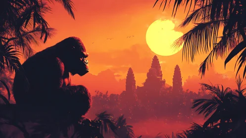 Giant gorilla silhouette studies temple skyline at tropical sunset