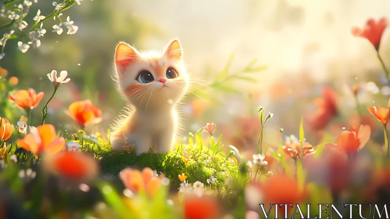 Adorable Kitten Exploring a Blooming Flower Garden