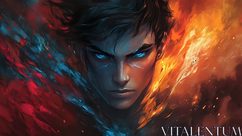 Storm-eyed firebearer between roaring embers and frost.