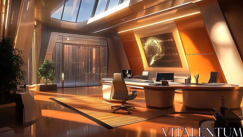Futuristic executive office interior with curved desk layout.