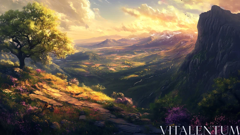 Luminous alpine valley vista with stratified terrain rendering.