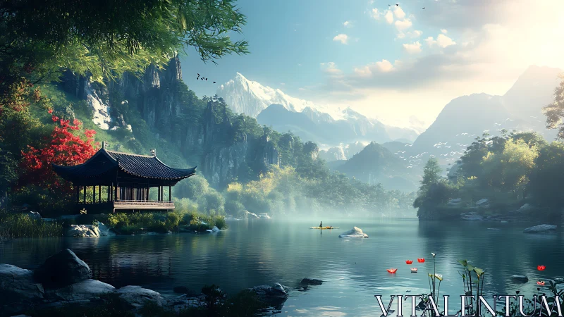 Tranquil lakeside pavilion beneath luminous alpine peaks.